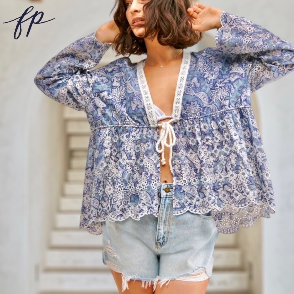 FREE PEOPLE NWT Anissa Floral-Print Eyelet/Embroidered Tie-Front Bed Jacket/Lg - Picture 6 of 14